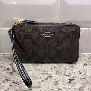 Coach Double Zipper Monogram Wristlet